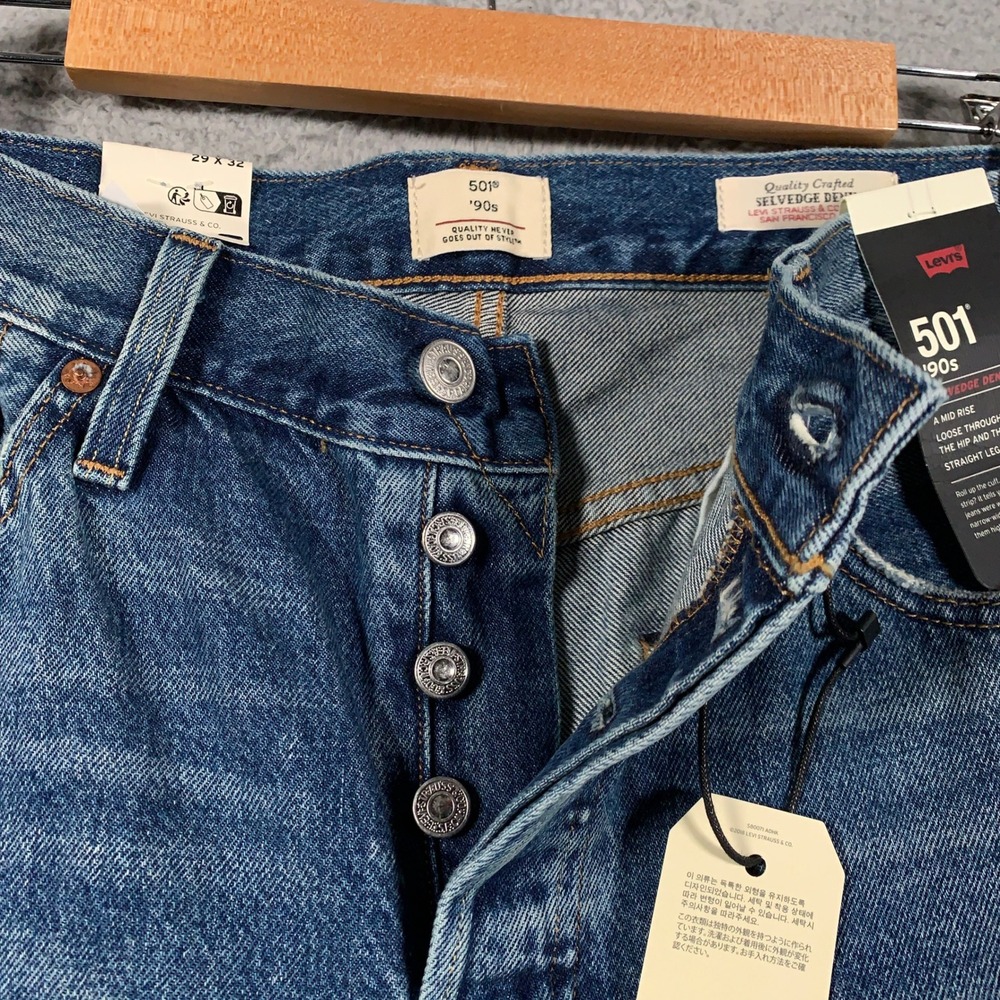 Levis 501 90s Selvedge Jeans Womens 29 Blue Straight Leg Mid Rise Premium Denim - Picture 7 of 15
